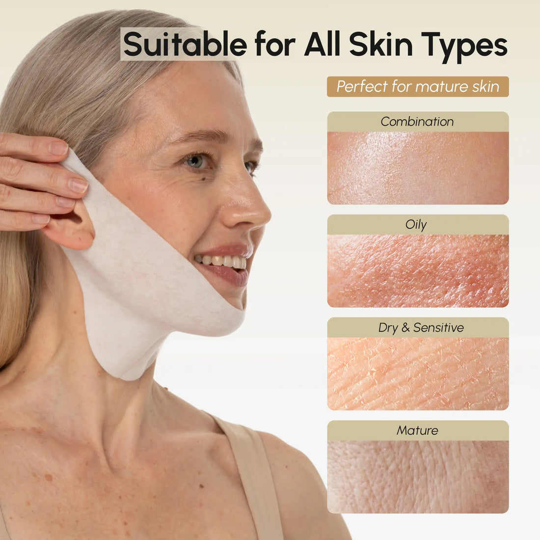 Maree 24K gold chin and jawline lifting mask showing a close-up of the gold facial mask on a model&
