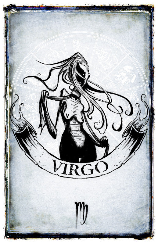 Virgo zodiac poster by Shawn Coss featuring astrological symbol and artistic design, suitable for wall decor.