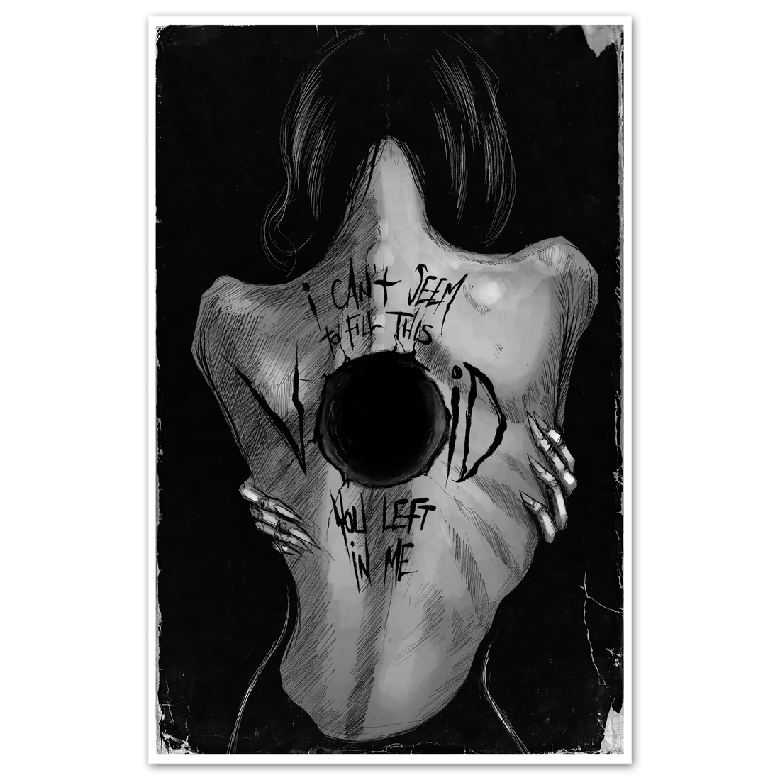 Void print poster by Any Means Necessary Clothing featuring a bold, abstract black and white design on 11x17 paper.