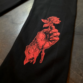 Black "When Death Comes" sweatpants by Any Means Necessary Clothing with logo detail and relaxed fit.