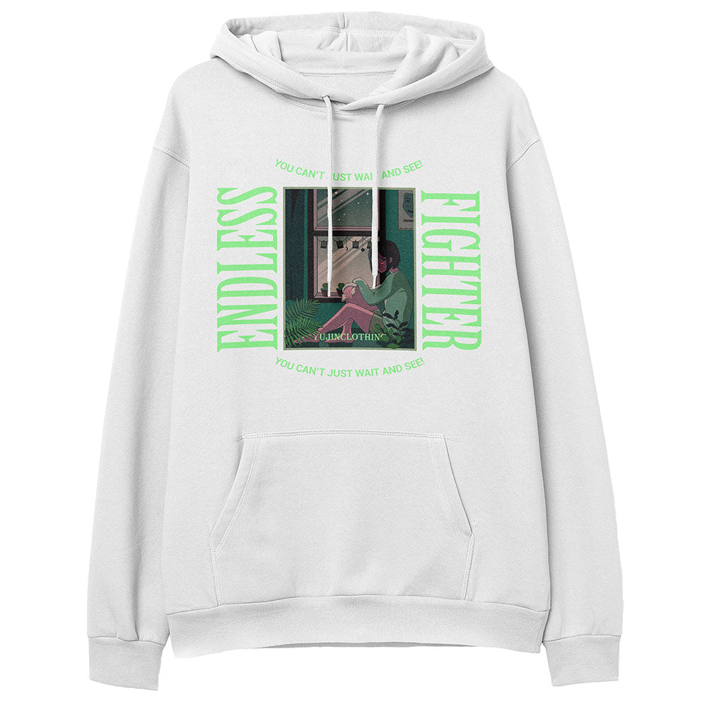 Yūjin Clothing Endless Fighter hoodie featuring a comfortable fit and stylish design, shown in a front view with a hood and logo.