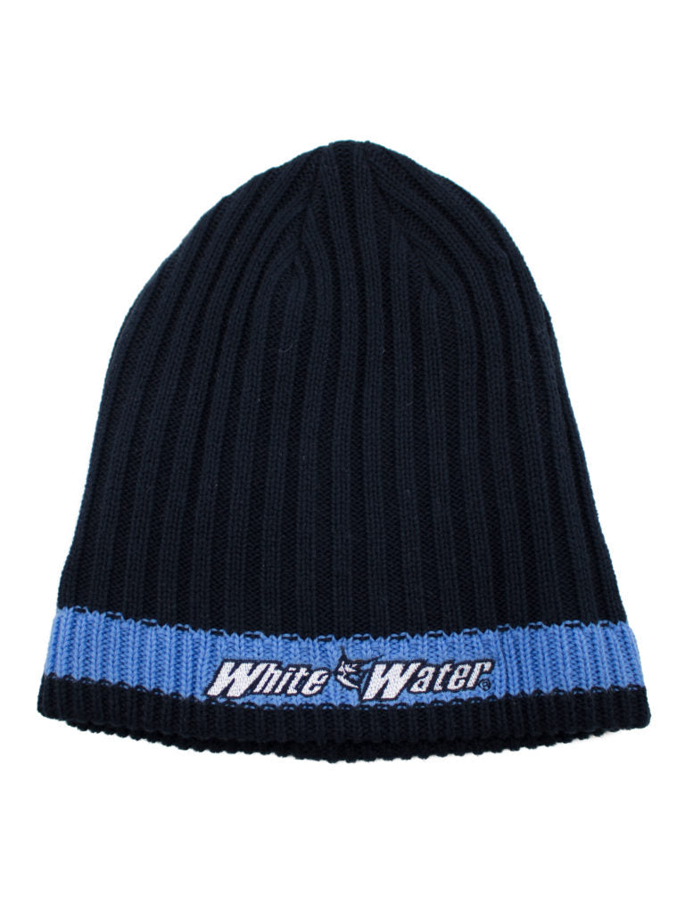 Navy Flemish Cap Beanie hat by White Water Life, simple knit design, snug fit, ideal for cold weather, shown on a plain background.