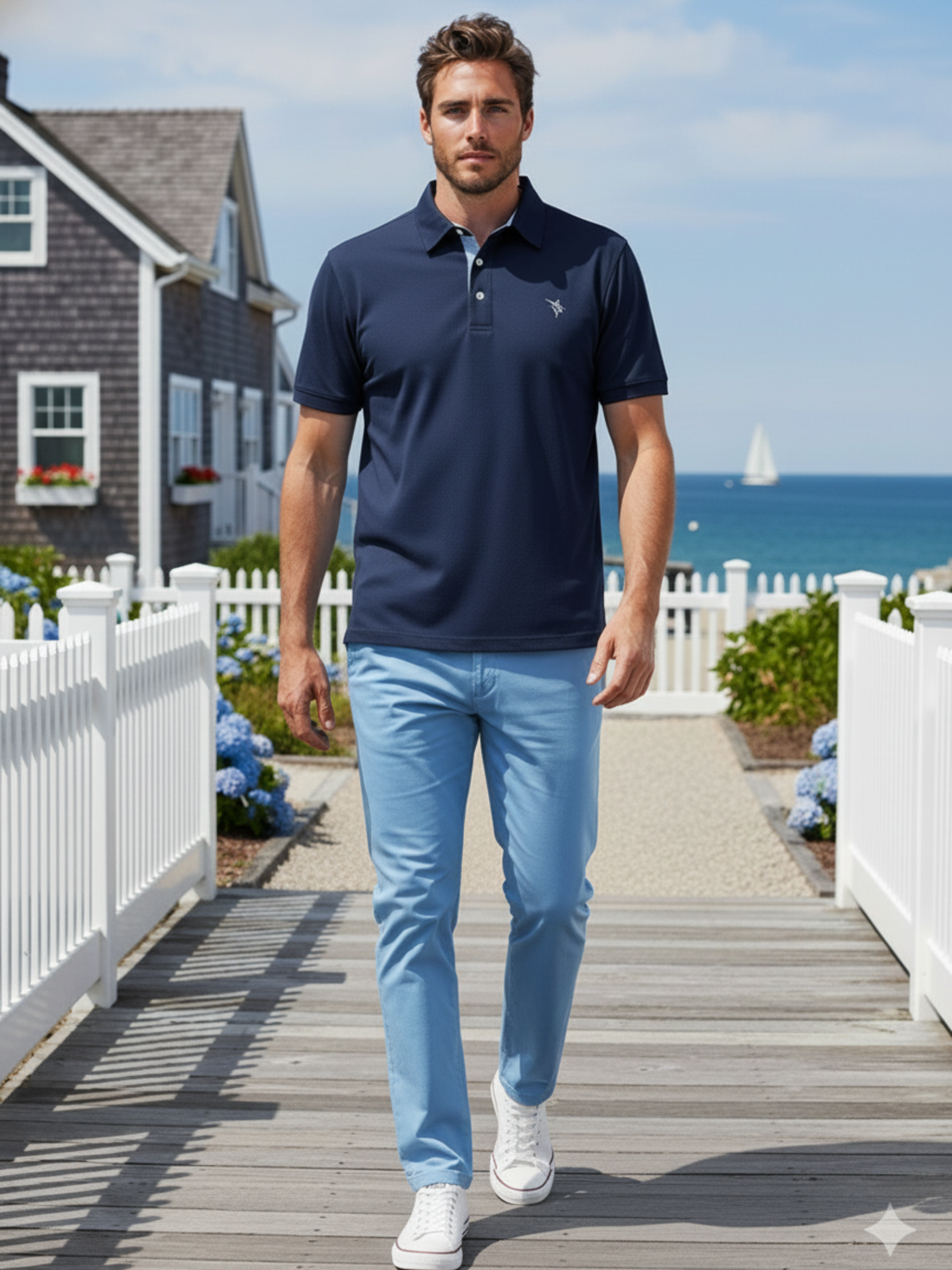 Navy Coastline polo shirt by White Water Life, featuring a classic collar and short sleeves, displayed on a mannequin.