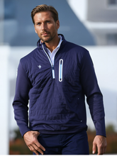Navy Hampton Pullover Technical Layer quarter zip from White Water Life, showing its lightweight, moisture-wicking fabric and stand-up collar.