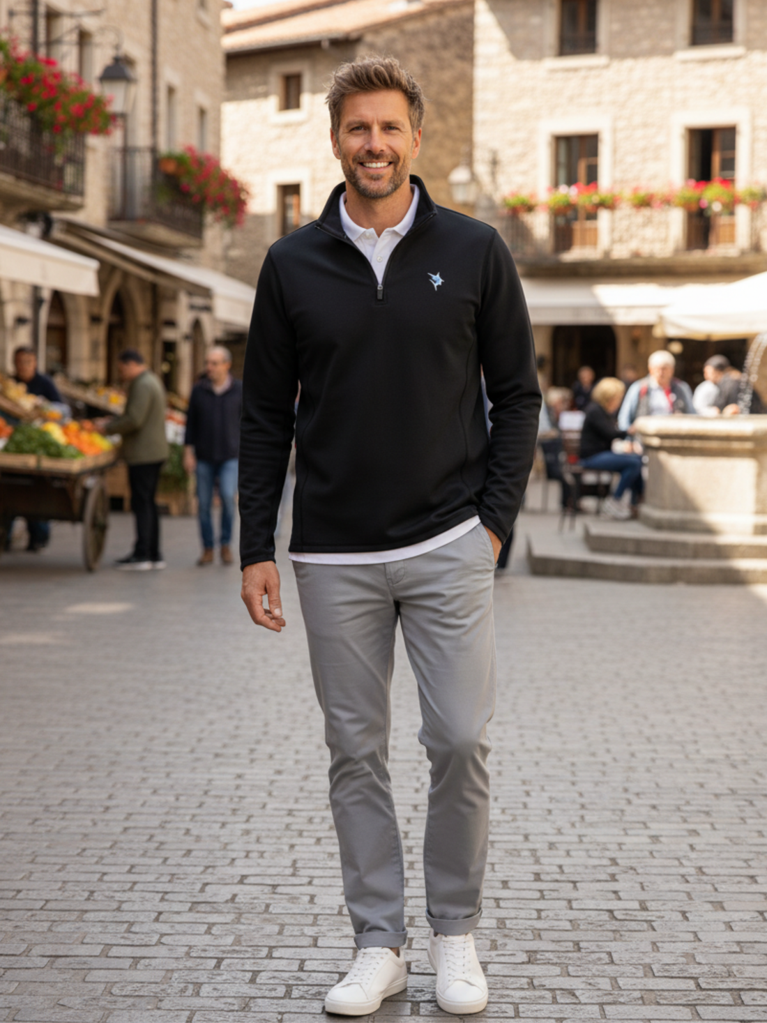 White Water Life Montauk quarter zip in black, midweight comfort shirt with a high collar and zip closure.