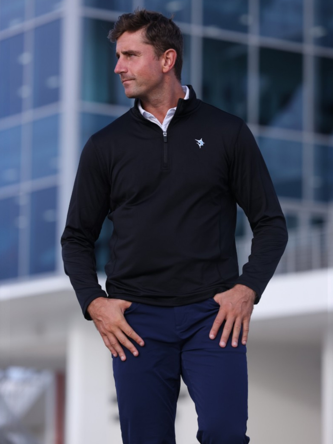 Black White Water Life Montauk quarter zip midweight comfort shirt, front view showing soft fabric and quarter zip closure.