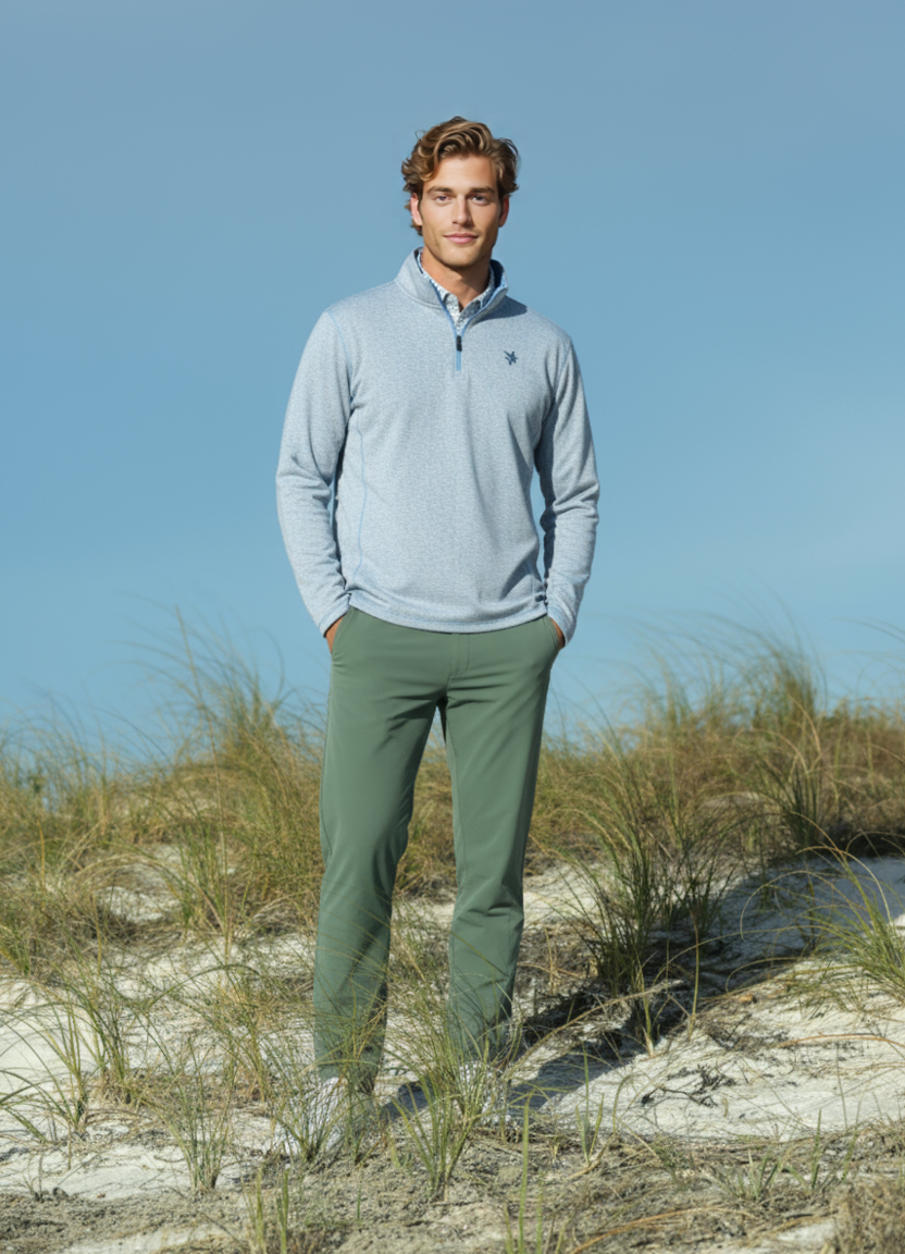 White Water Life Montauk quarter zip midweight comfort in grey, shown on a beach setting, ideal for casual outdoor wear.