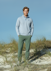 White Water Life Montauk quarter zip midweight comfort in grey, shown on a beach setting, ideal for casual outdoor wear.