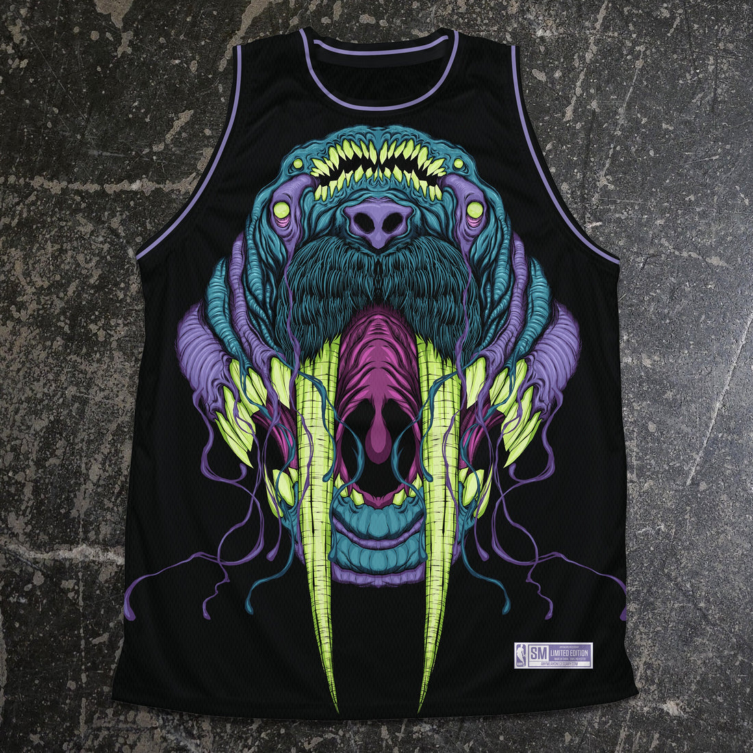 Front view of Any Means Necessary Clothing walrus jersey shirt featuring a walrus graphic on a casual jersey fabric.