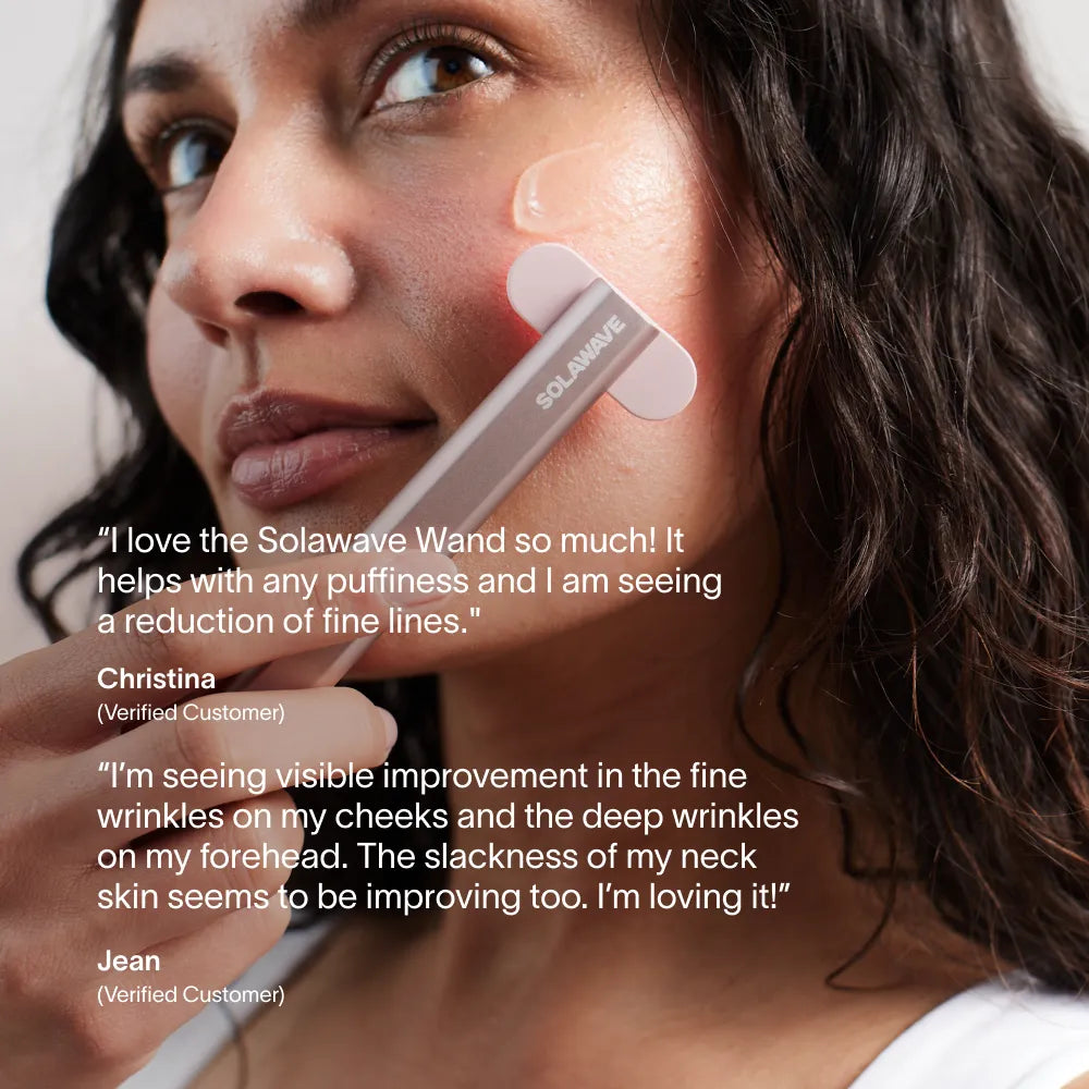 Solawave 4-in-1 red light therapy wand with activating serum kit, showing the skincare tool and serum bottles on a white background.