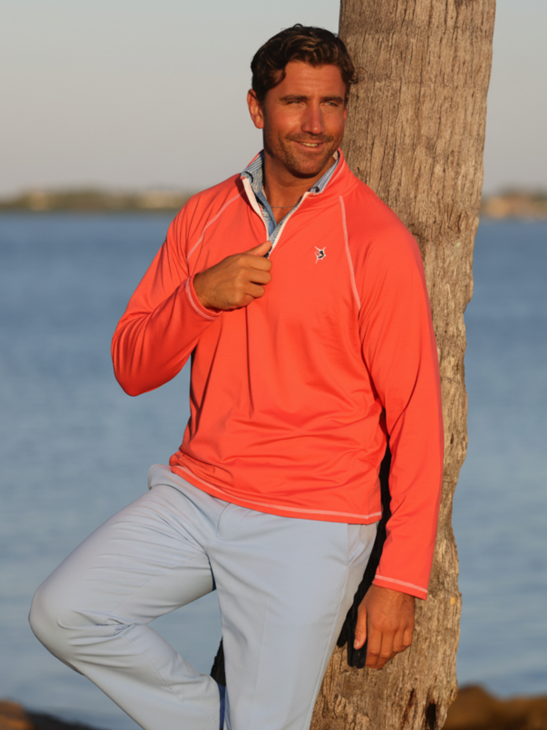 Red White Water Life quarter zip from the New Harbor collection, showcasing a comfortable quarter-length zip pullover with a relaxed fit.