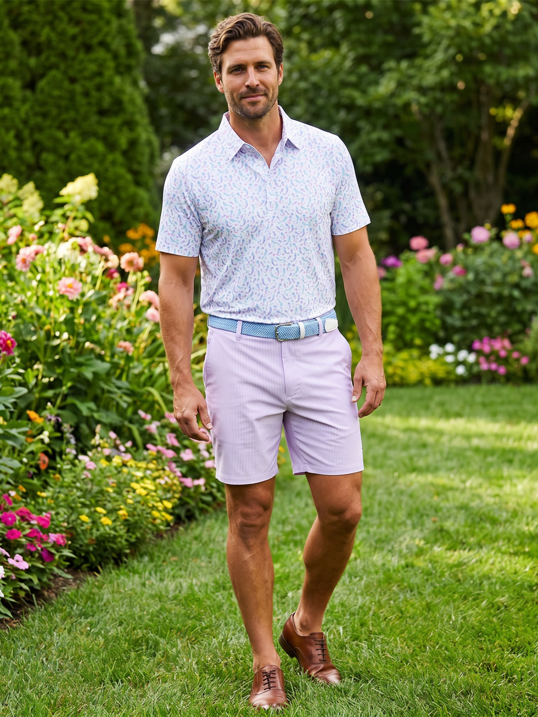Lavender White Water Life Freeport Short Effortless Performance shorts displayed on a website with a close-up view of fabric and design.