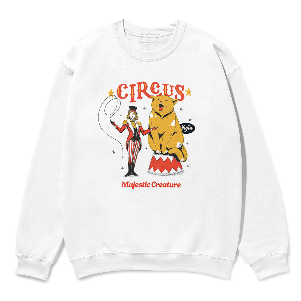 Circus Cat sweatshirt by Yūjin Clothing featuring a playful circus cat design on soft, comfortable fabric.