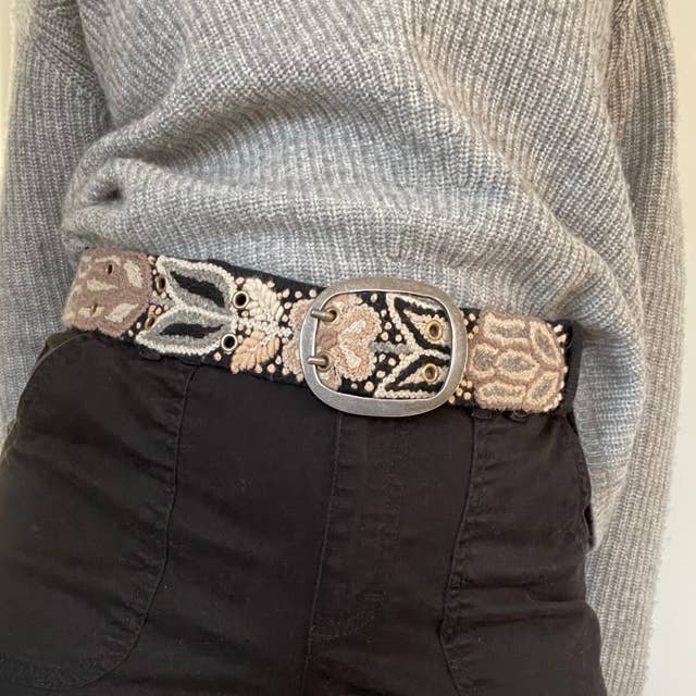 Black Wildroot artisan embroidered belt from Fitkitty Culture accessories, featuring detailed craftsmanship and stylish design.