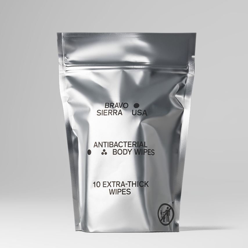 Bravo Sierra antibacterial body wipes, pack of body wipes showing textured fabric and packaging for on-the-go cleansing.