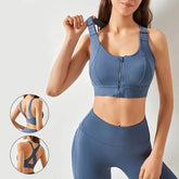 Women wearing a Fitkitty Culture high impact athletic sports bra with front zipper, designed for support during workouts.