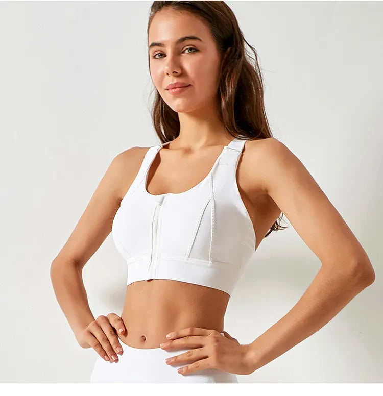 Women wearing a Fitkitty Culture high-impact athletic sports bra with front zipper, designed for support during intense workouts.