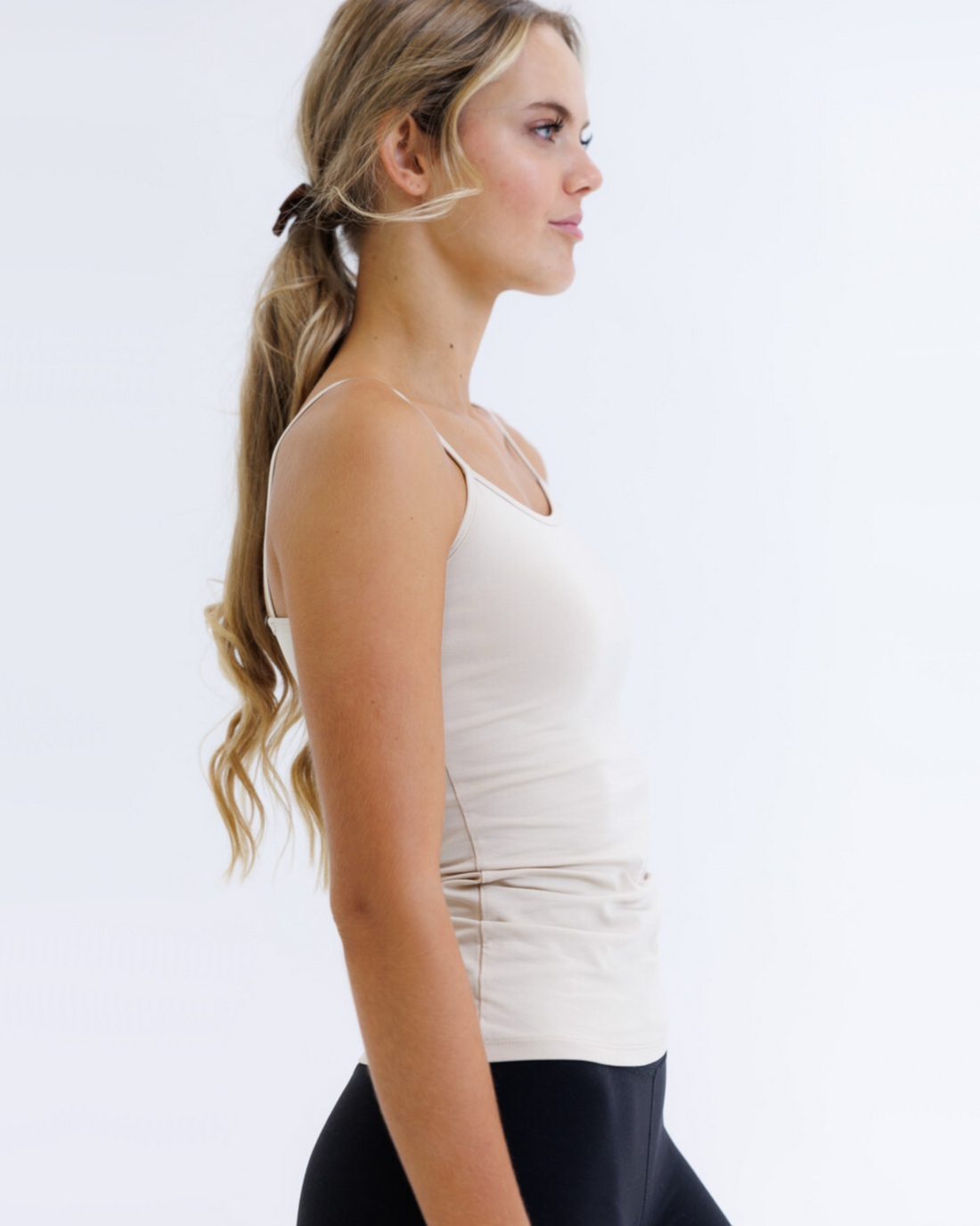 Downeast Wonder Cami in nude, soft cotton tee with a fitted silhouette and scoop neckline, perfect for layering or casual wear.