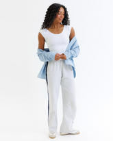 Downeast Wonder Tee in soft fabric, featuring a classic fit and crew neckline, displayed on a hanger.