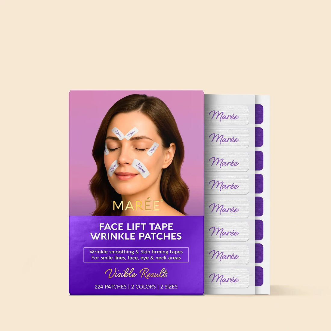Maree anti-wrinkle tape patches applied around eyes showing smooth, youthful skin on a person&