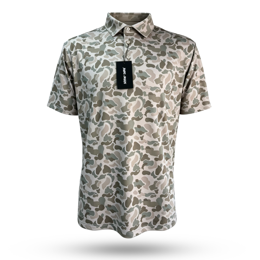 Back 9 Camo golf polo t-shirt by Bow Crew Apparel featuring camouflage pattern and comfortable fit for outdoor golf activities.