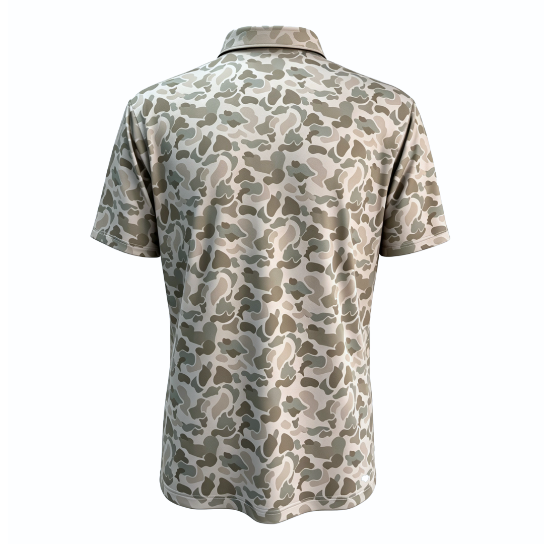 Back 9 Camo golf polo shirt by Bow Crew Apparel, featuring camo design and comfortable fit for outdoor golf enthusiasts.