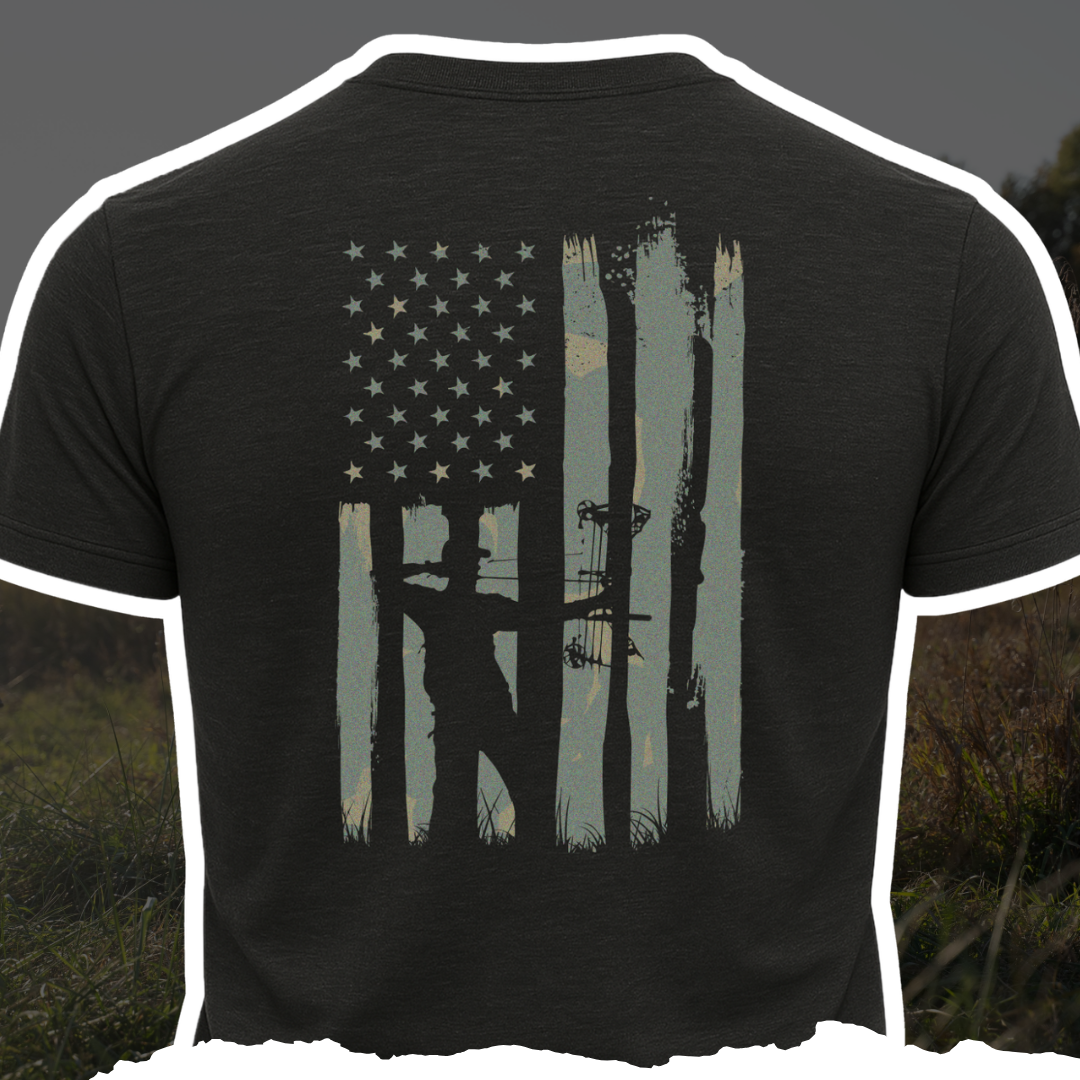 American Bowhunter T-shirt by Bow Crew Apparel, featuring a bow hunting design on a comfortable casual tee.