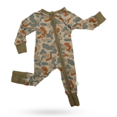 Baby Zippy by Bow Crew Apparel featuring woodland camo pattern and the Backwoods design, perfect for outdoor and bow hunting enthusiasts.