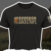 Black Bourbon & Backstraps T-shirt by Bow Crew Apparel featuring a bow hunting design on a comfortable cotton tee.