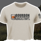 Sand-colored Bourbon & Backstraps T-shirt by Bow Crew Apparel featuring a comfortable fit and classic bow hunting design.
