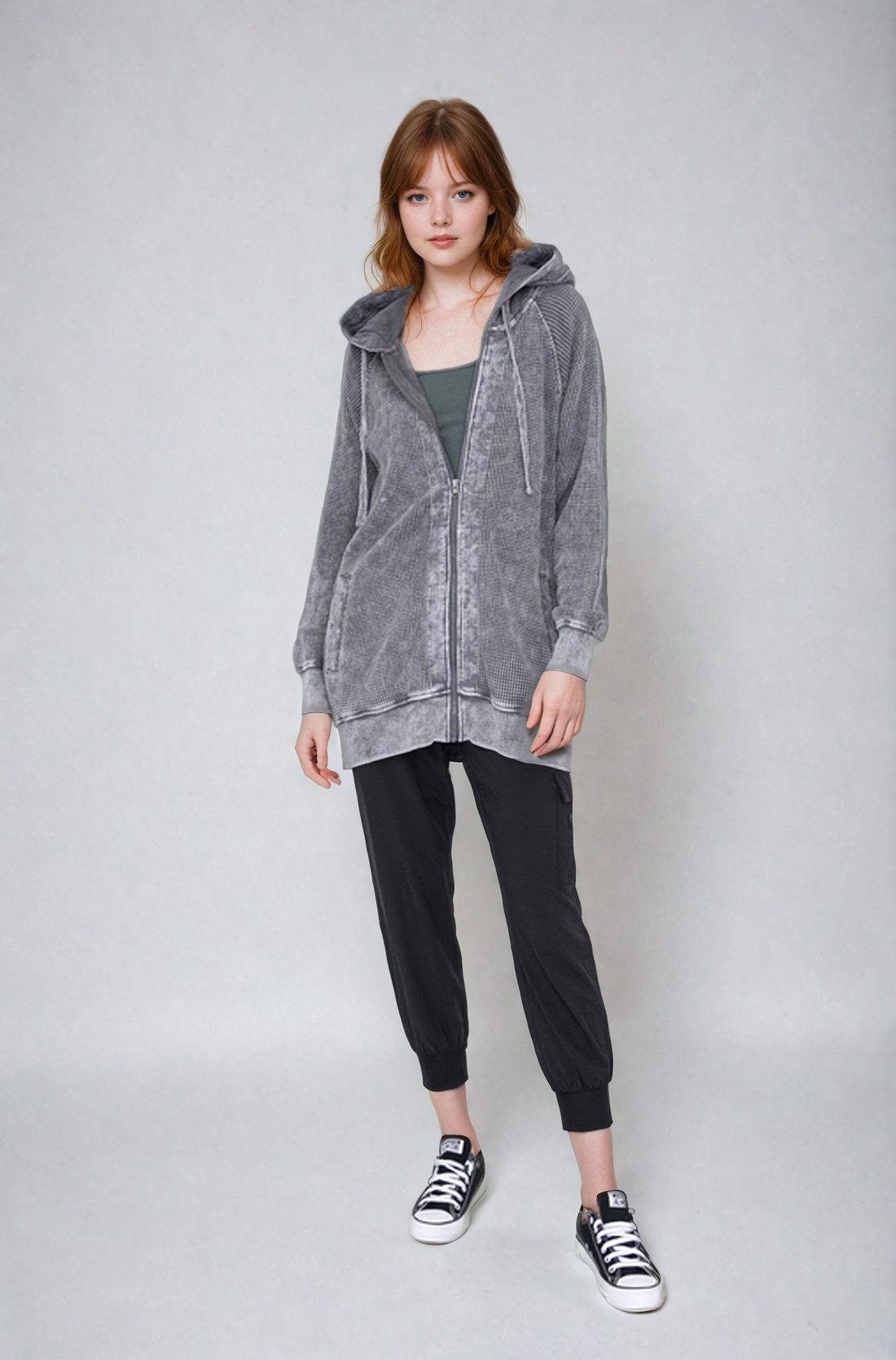 Oversized waffle knit zip-up hoodie from Fitkitty Culture Athleisure Wear, showing the cozy, textured fabric and front zipper detail.