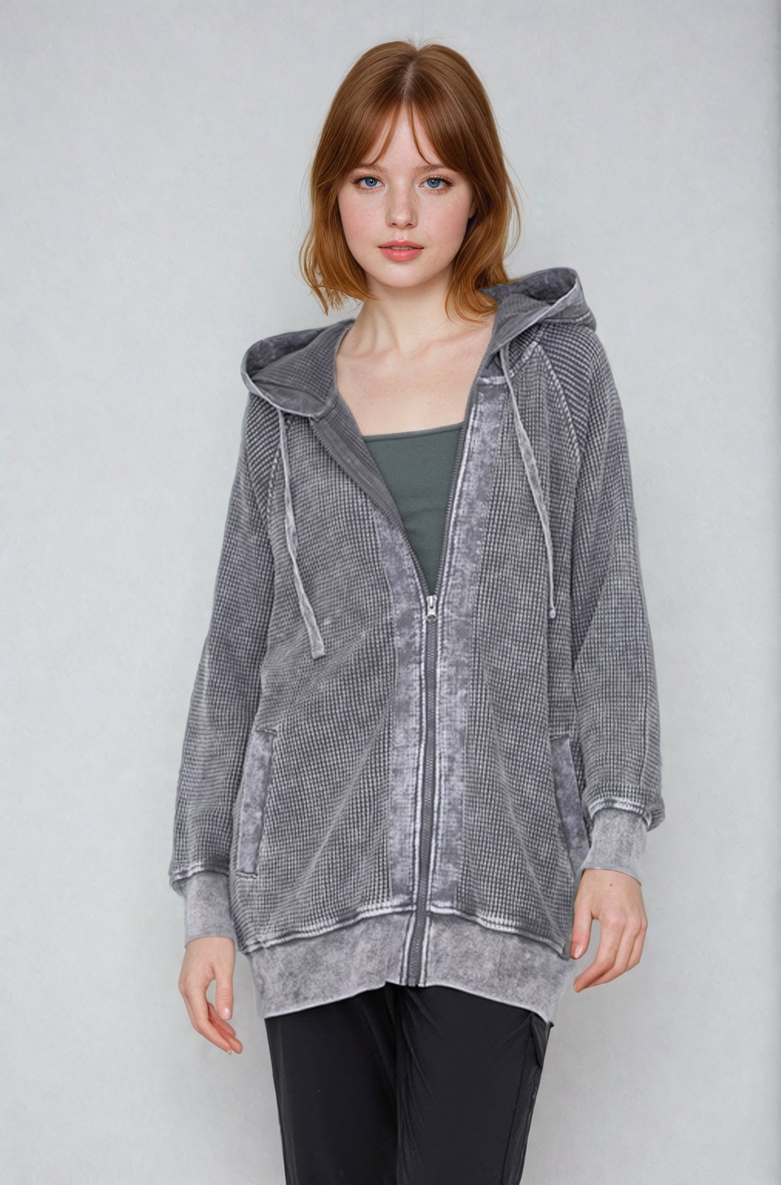 Oversized waffle knit zip-up hoodie in neutral tones from Fitkitty Culture Athleisure Wear, perfect for casual and yoga wear.