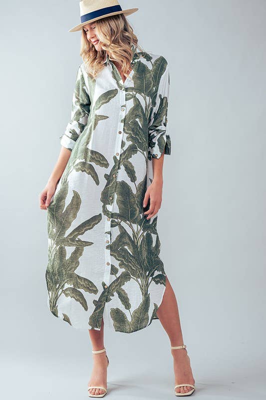 Tropical palm leaf button-down midi dress by Fitkitty Culture, perfect for resort or spring wear, featuring vibrant leaf print and flowing fabric.