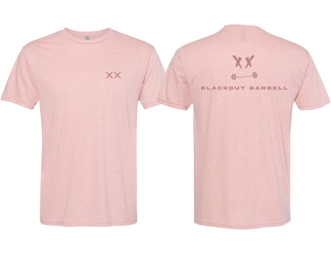 Blackout Barbell Phantom Tee displayed on a hanger, featuring a casual black cotton t-shirt with a minimalist design.