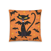 Yūjin Clothing Halloween cat pillow featuring a spooky black cat design on soft fabric, perfect for festive home decor.