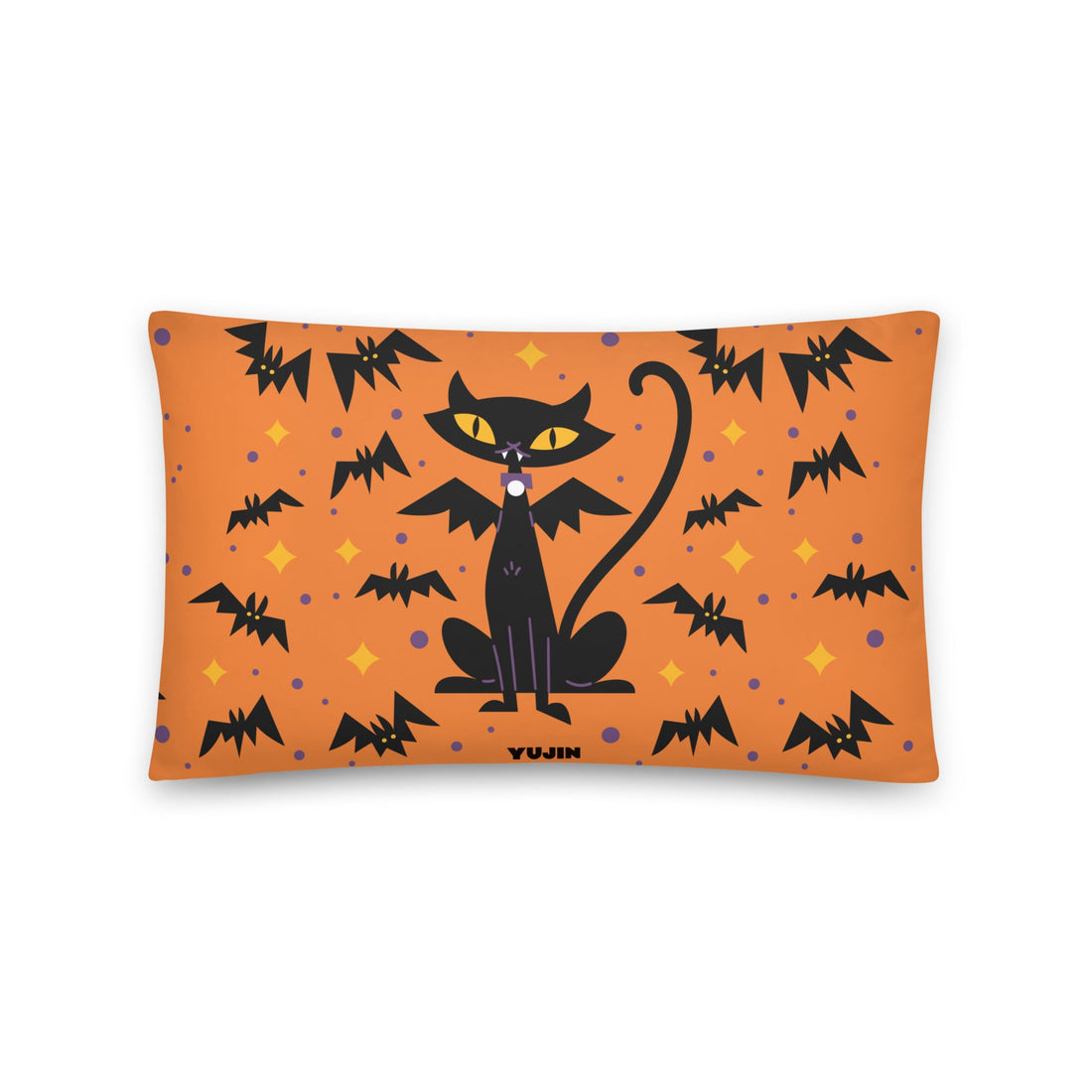 Yūjin Clothing Halloween Cat Pillow featuring a spooky cat design on a soft decorative pillow for Halloween decor.