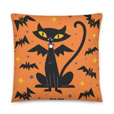 Halloween cat pillow by Yūjin Clothing featuring a cozy, decorative pillow with a black cat design for Halloween-themed decor.