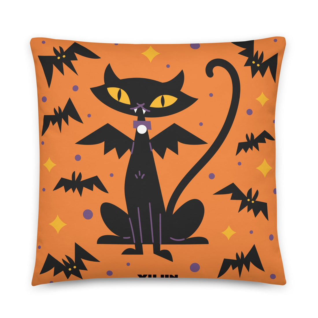 Halloween cat pillow by Yūjin Clothing featuring a cozy, decorative pillow with a playful black cat design for Halloween decor.