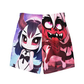 Yūjin Clothing Good vs Evil swim trunks, short style with bold contrasting design, featuring graphic text and vibrant colors on quick-drying fabric.