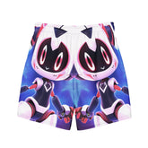 Yūjin Clothing Cyber Friend swim trunks in short style featuring vibrant, futuristic graphic design and comfortable fit for swimming.