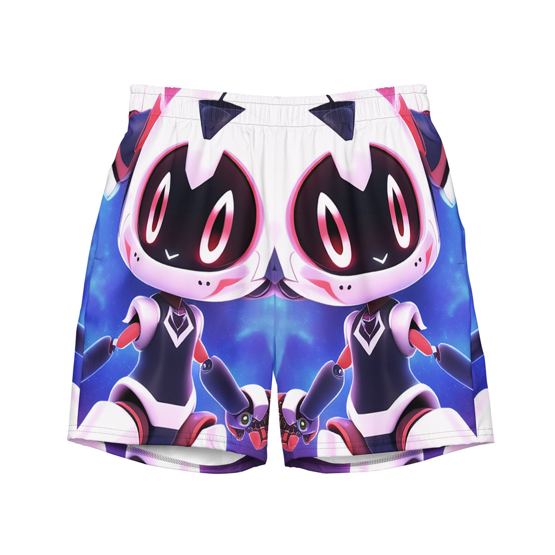 Yūjin Clothing Cyber Friend swim trunks, short style with vibrant cyber-themed patterns and comfortable fit for beach or pool days.