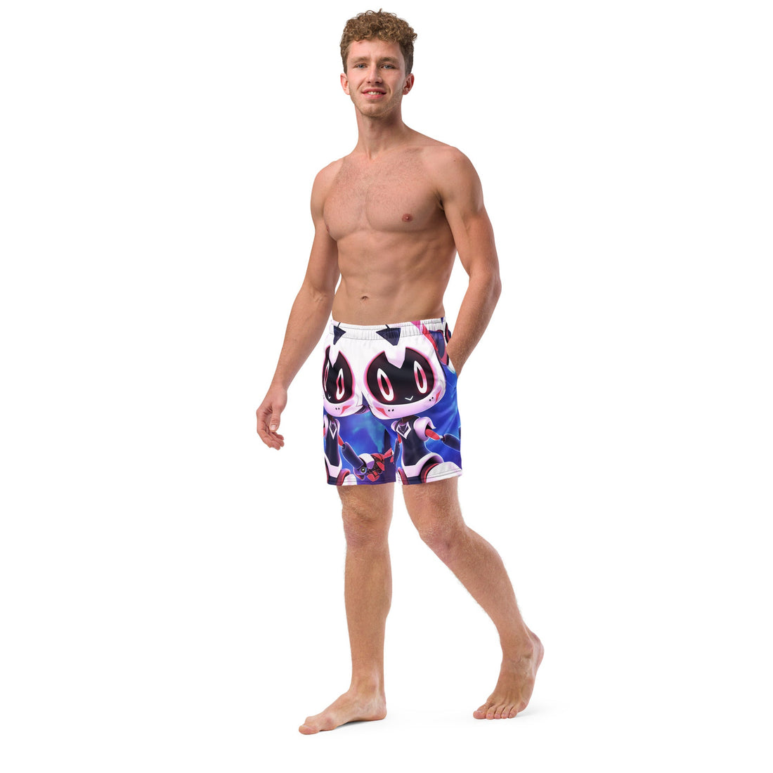 Yūjin Clothing Cyber Friend swim trunks, short style with vibrant cyber-themed print, suitable for beach or poolside wear.