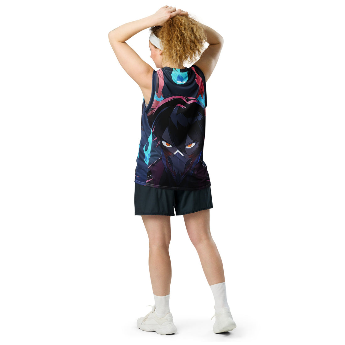 Yūjin Clothing recycled basketball jersey tank top with full power branding and breathable athletic fabric, designed for sports and casual wear.