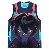 Yūjin Clothing recycled basketball jersey tank top with full power design, featuring sleeveless athletic style and breathable fabric.