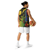 Devil Cat recycled basketball jersey tank top by Yūjin Clothing featuring a bold devil cat graphic on black fabric.