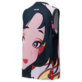 Yūjin Clothing Deeply In Love recycled basketball jersey tank top with vibrant print and sleeveless design.