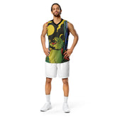 Devil Cat recycled basketball jersey tank top by Yūjin Clothing featuring a graphic design of a devil cat on the front.