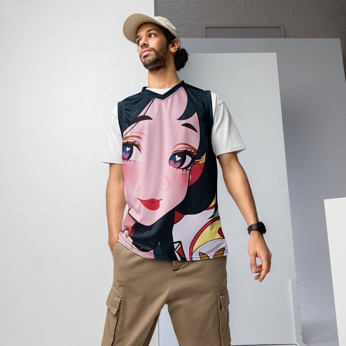 Yūjin Clothing Deeply In Love recycled basketball jersey tank top with vibrant design and sleeveless fit.