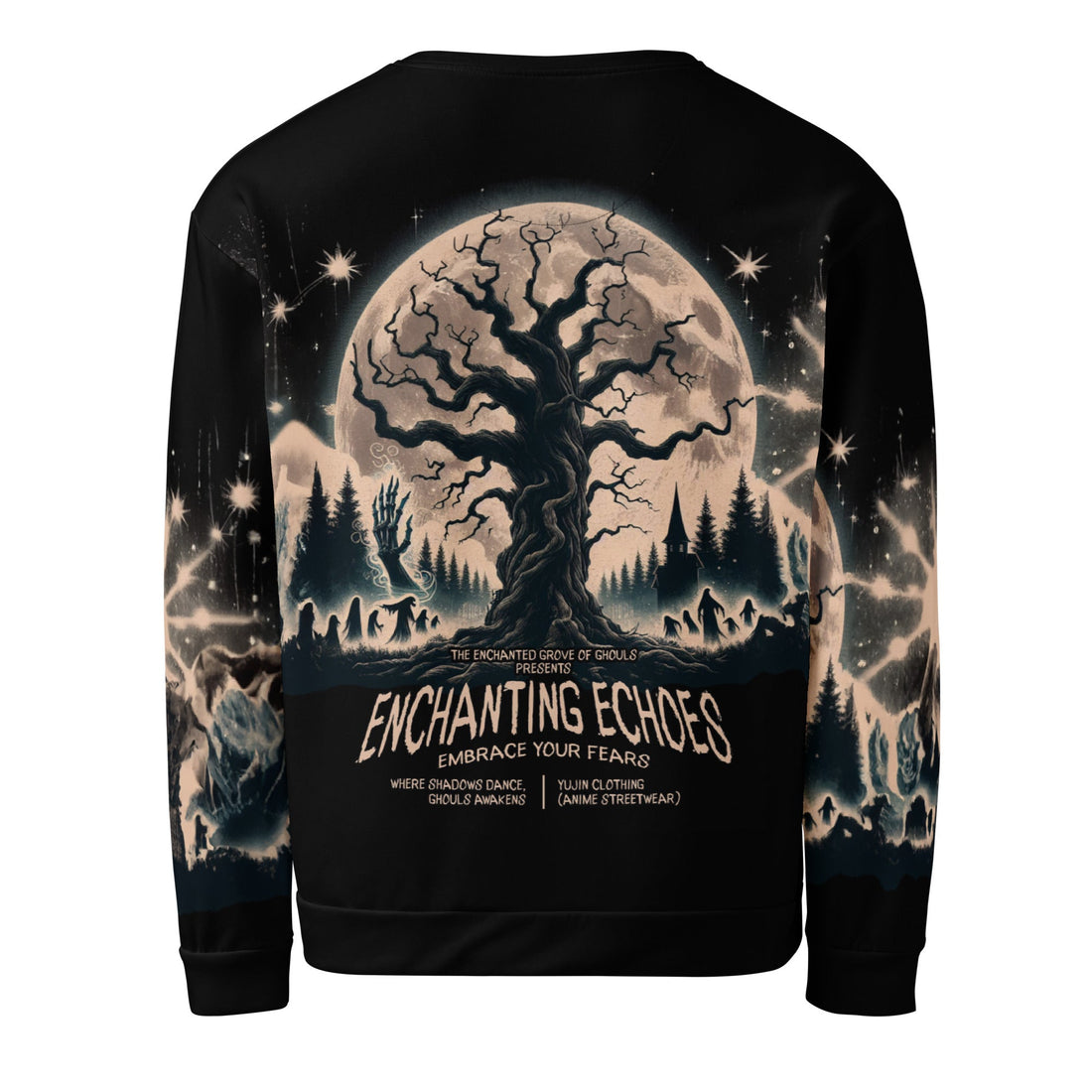 Yūjin Clothing Enchanting Echoes Halloween sweatshirt with spooky graphic design and comfortable fabric, perfect for festive wear.