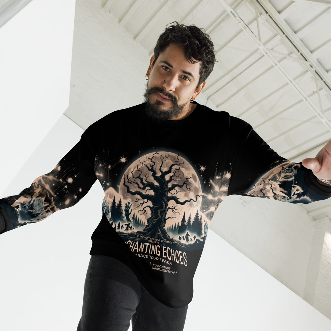 Yūjin Clothing Enchanting Echoes Halloween sweatshirt featuring spooky design, comfortable fabric, and festive fall style.